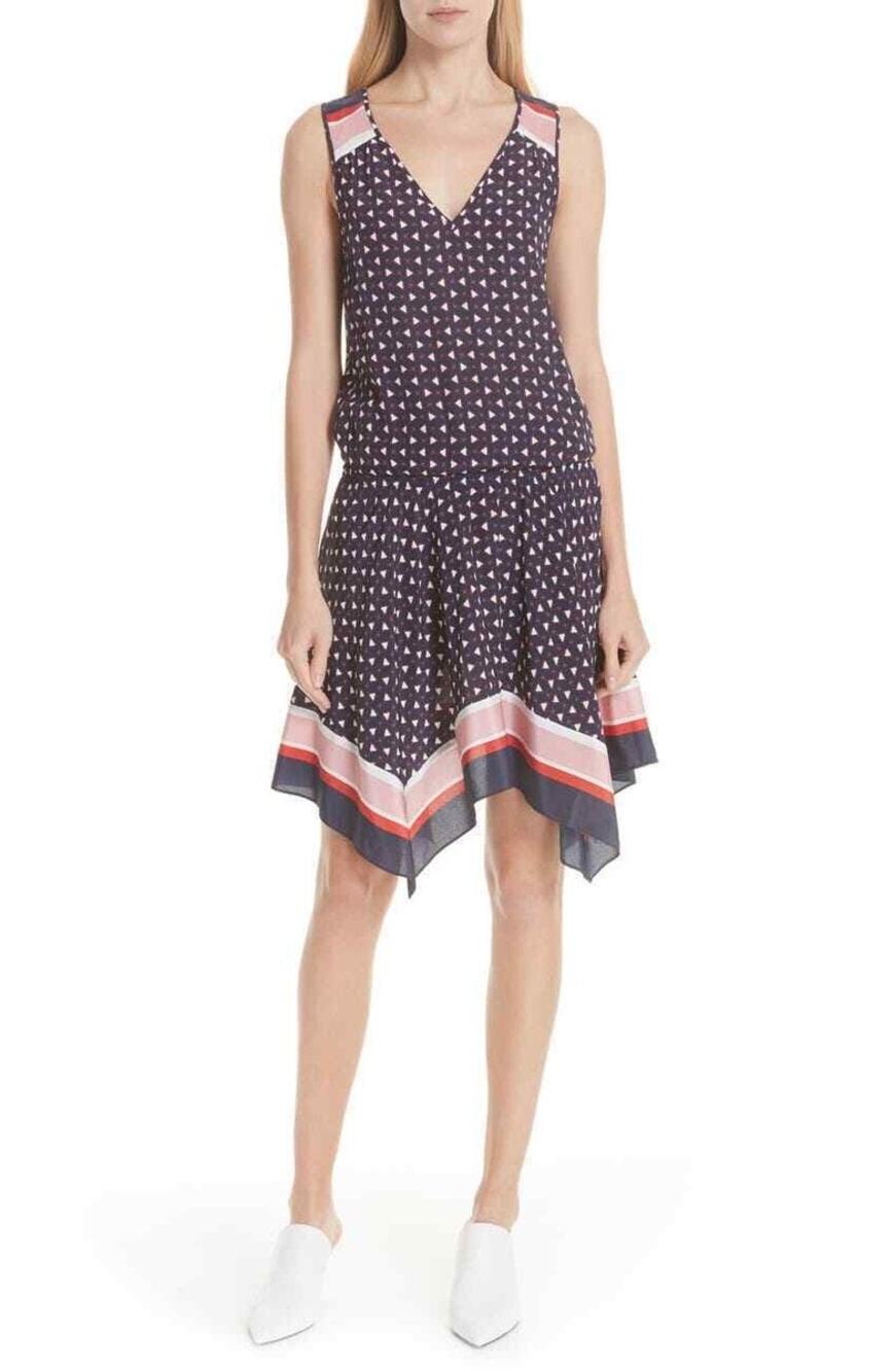 Joie Ginabel Blue Red Pink White Triangle Handkerchief Hem Silk Dress Size XS